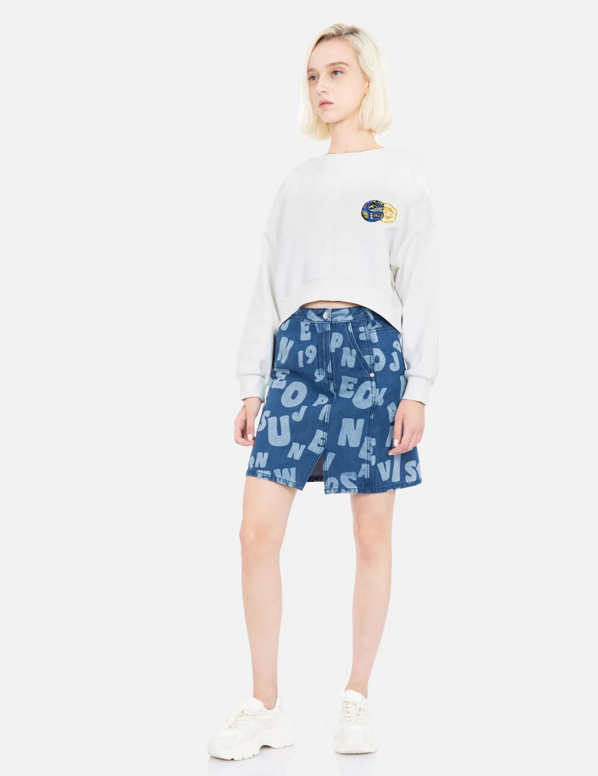 Allover Text Discharge Print Denim Skirt