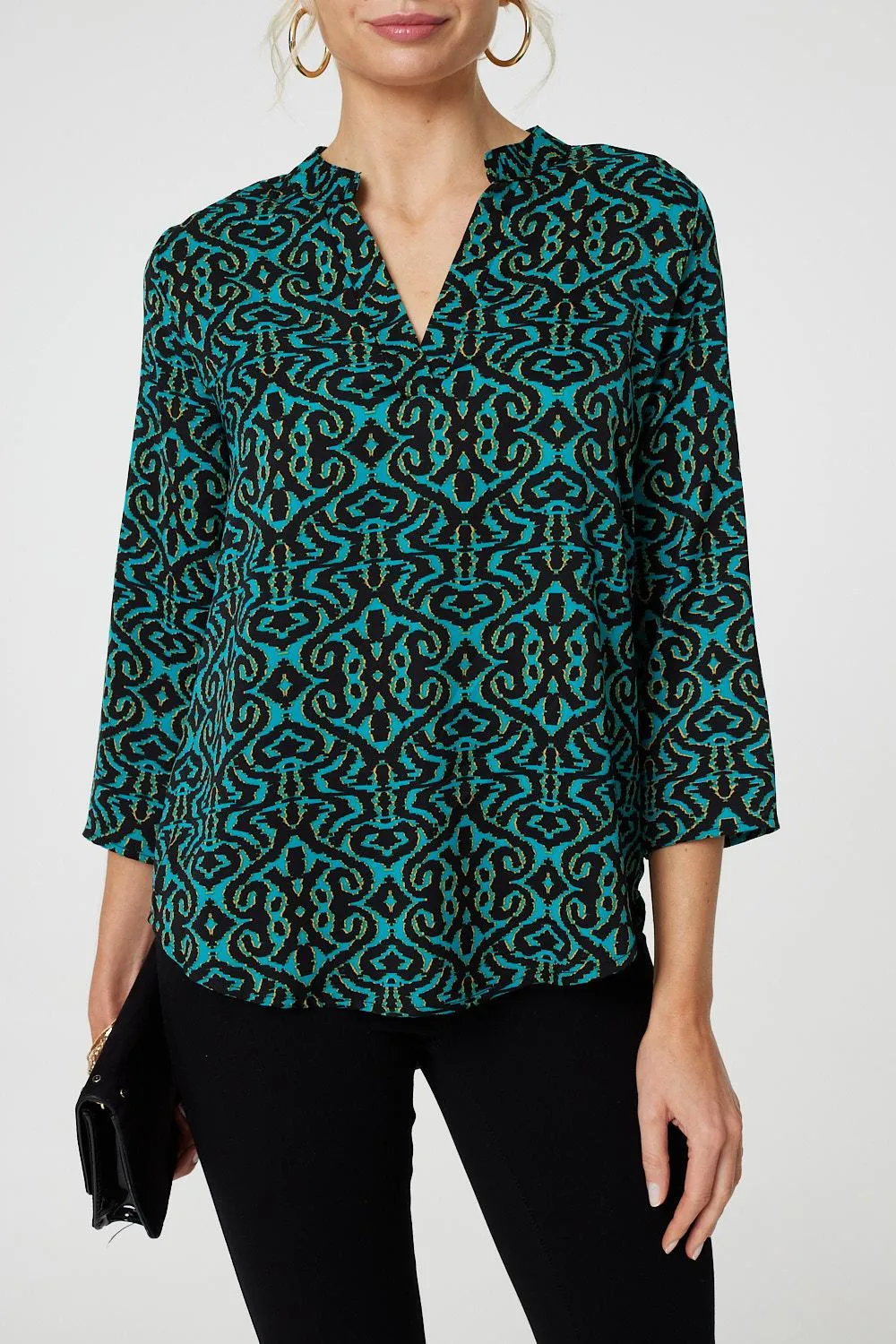 Aztec Print 3/4 Sleeve Curve Hem Blouse