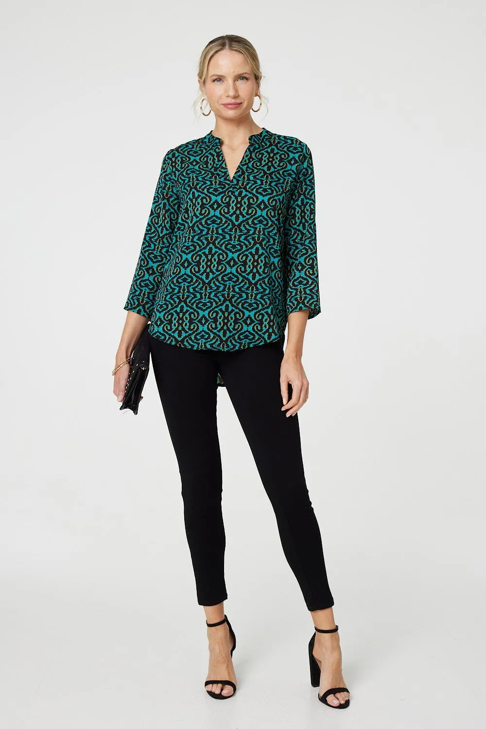 Aztec Print 3/4 Sleeve Curve Hem Blouse