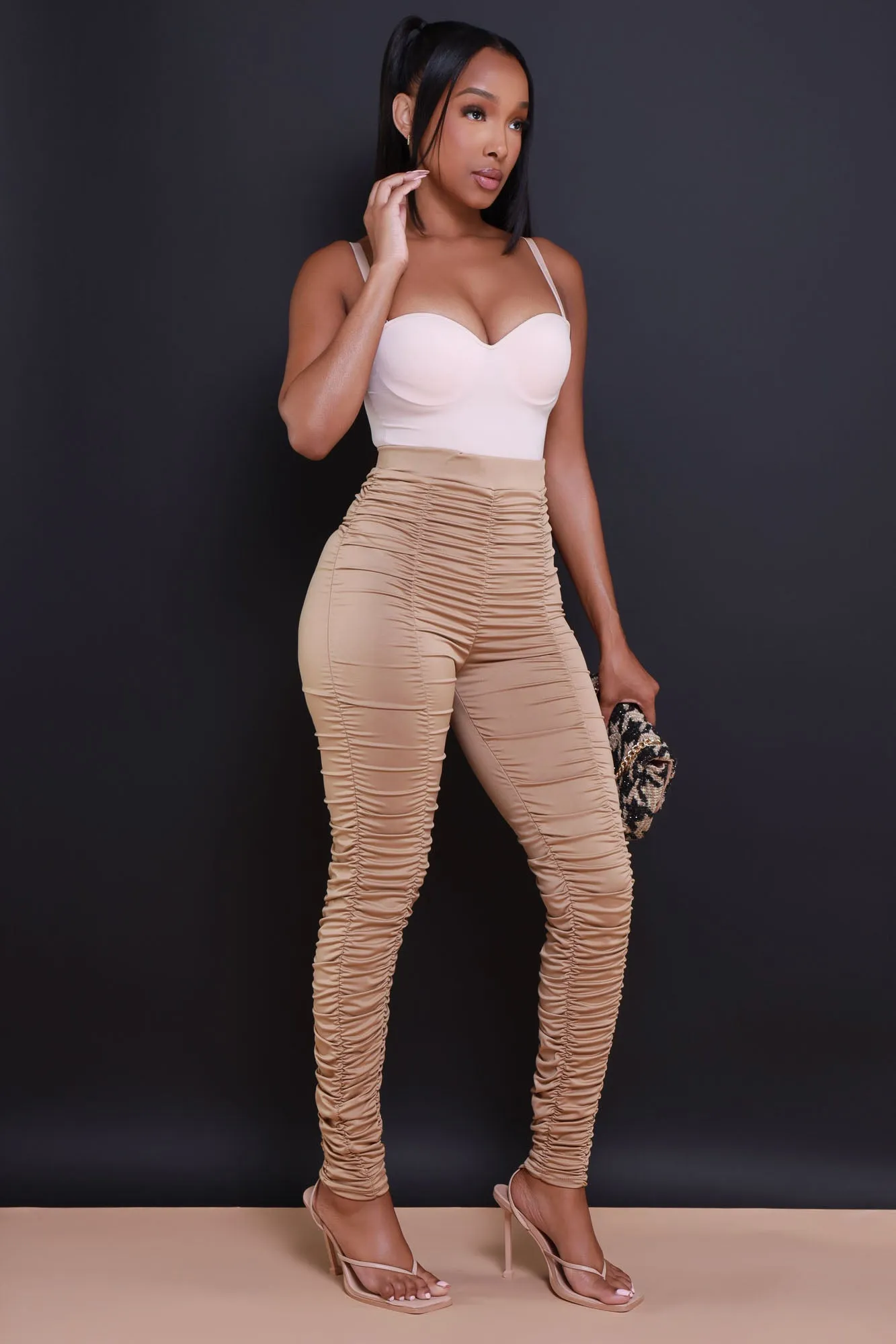 Be Honest Ruched High Waist Pants - Champagne Stretch Leggings