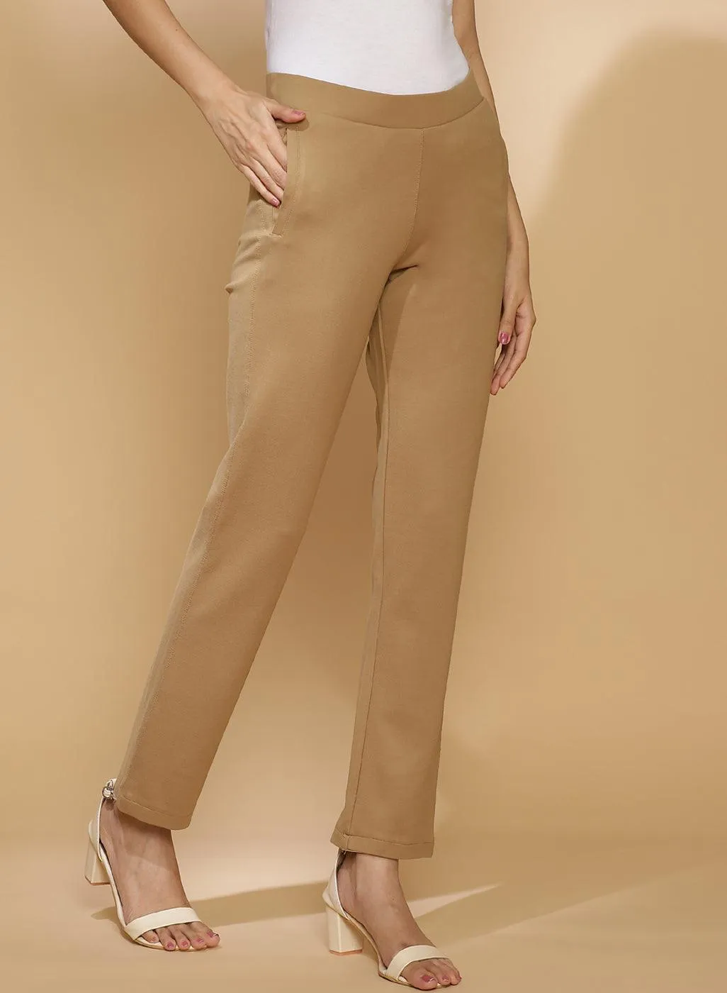 Beige Regular Plain Pants