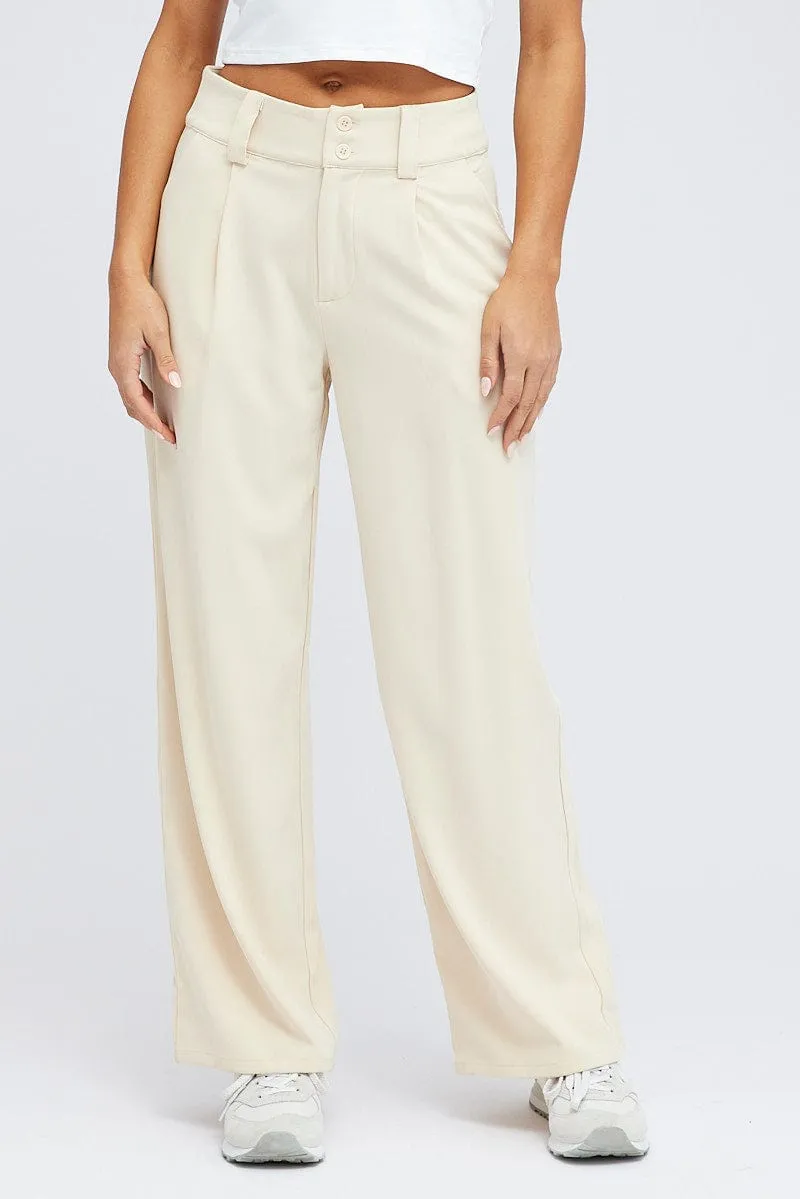 Beige Wide Leg Pants High Rise