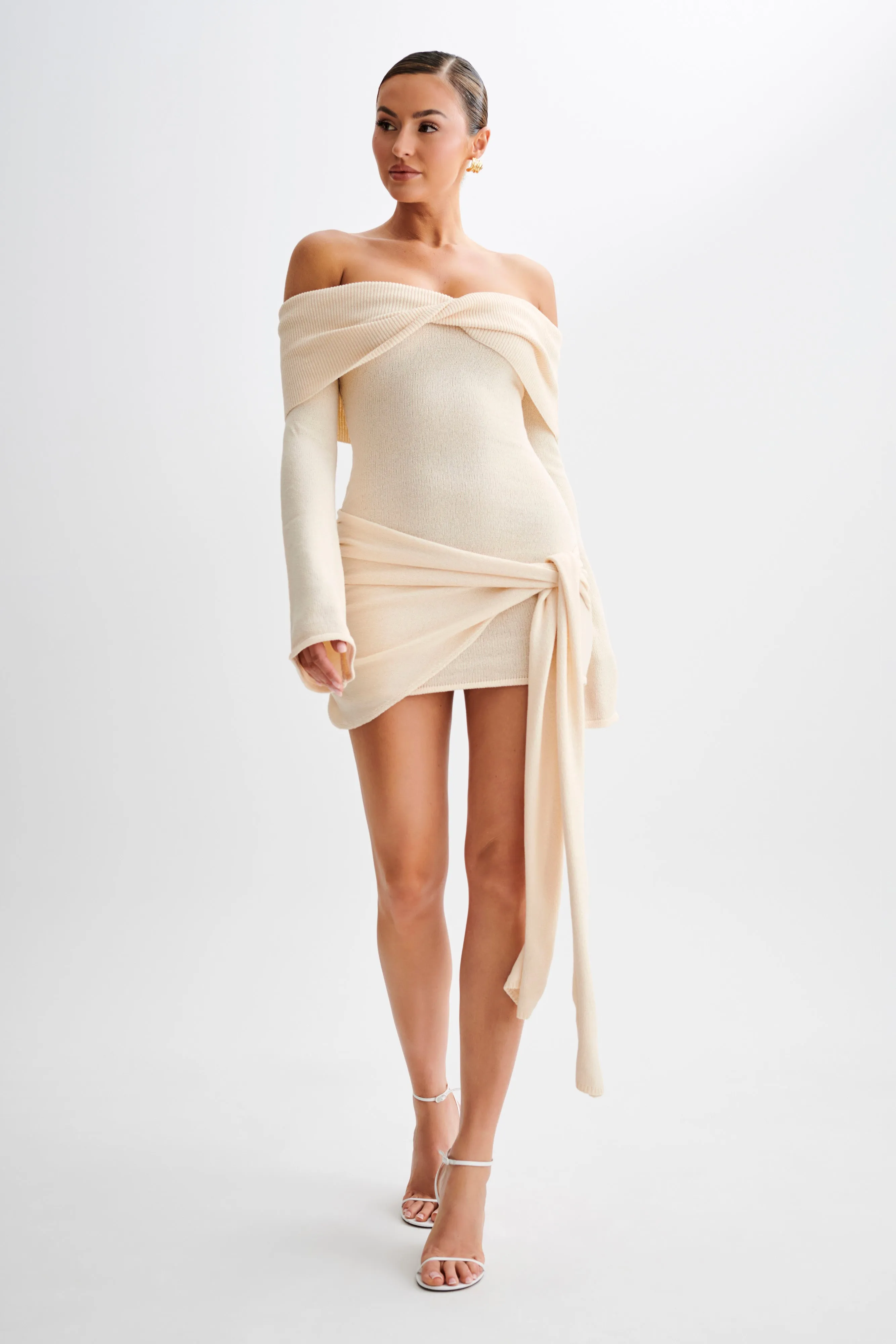 Camryn Off Shoulder Tie Knit Mini Dress - Cream Marle