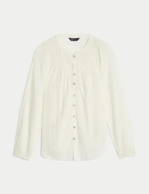 Cotton Blend Button Through Popover Blouse