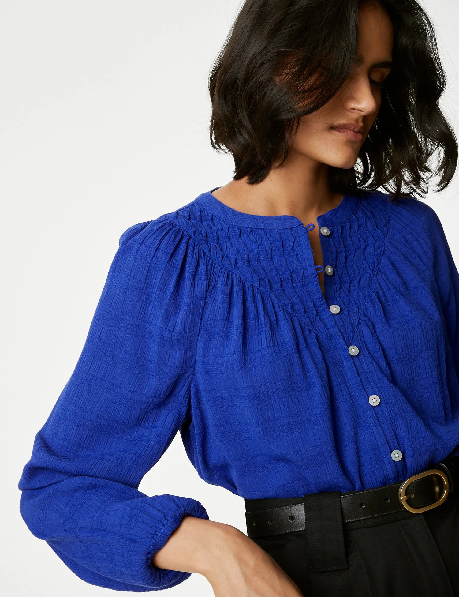 Cotton Blend Button Through Popover Blouse