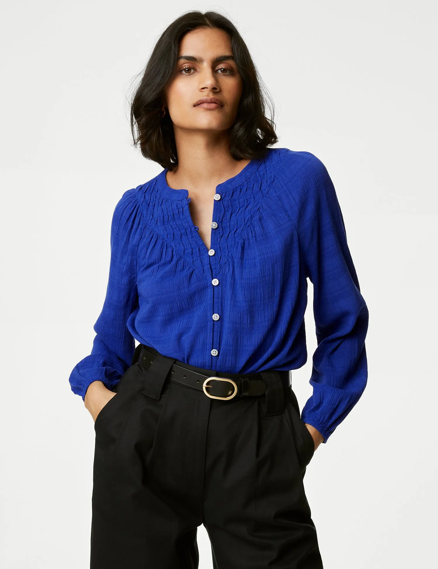 Cotton Blend Button Through Popover Blouse