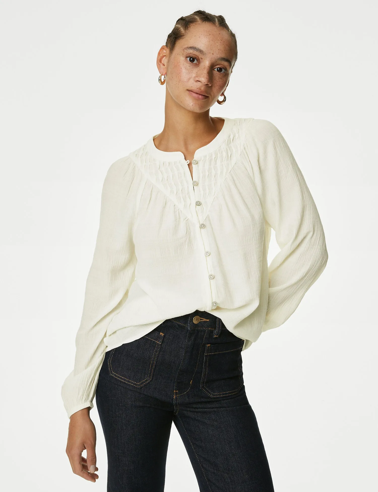 Cotton Blend Button Through Popover Blouse