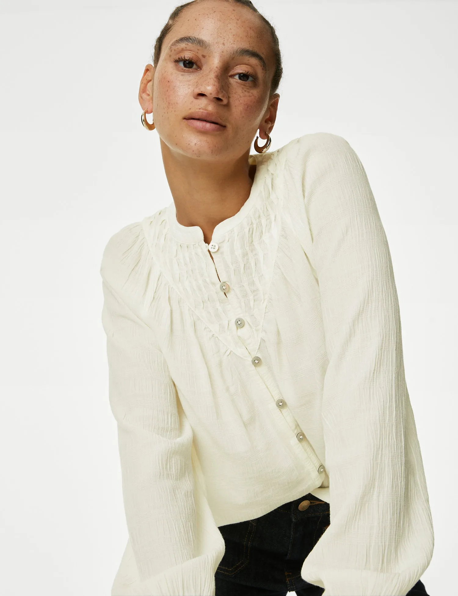 Cotton Blend Button Through Popover Blouse