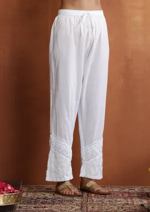 Cotton Chikankari Solid Women's Pants With Lace - White