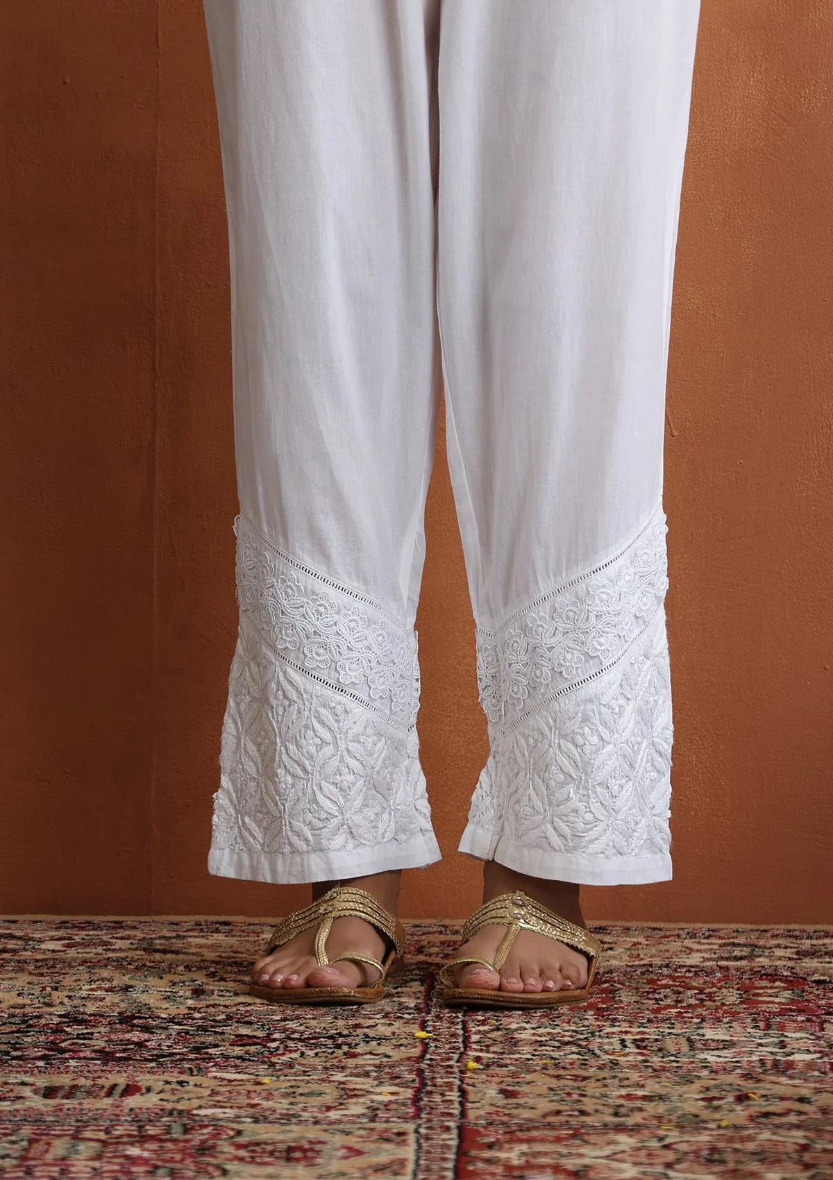 Cotton Chikankari Solid Women's Pants With Lace - White