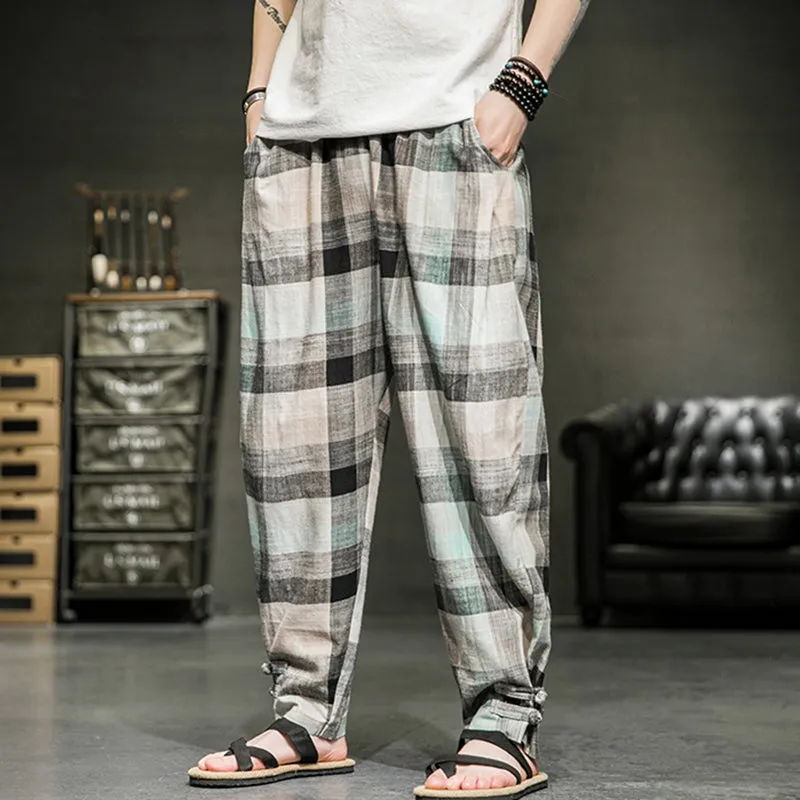 Cotton Linen Plaid Loose Casual Pants