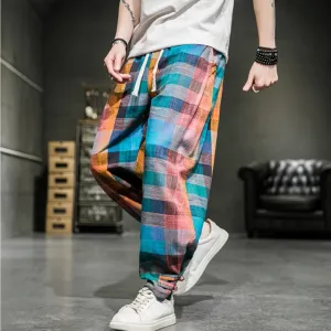 Cotton Linen Plaid Loose Casual Pants