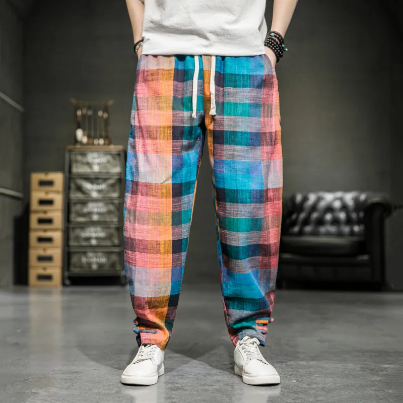 Cotton Linen Plaid Loose Casual Pants