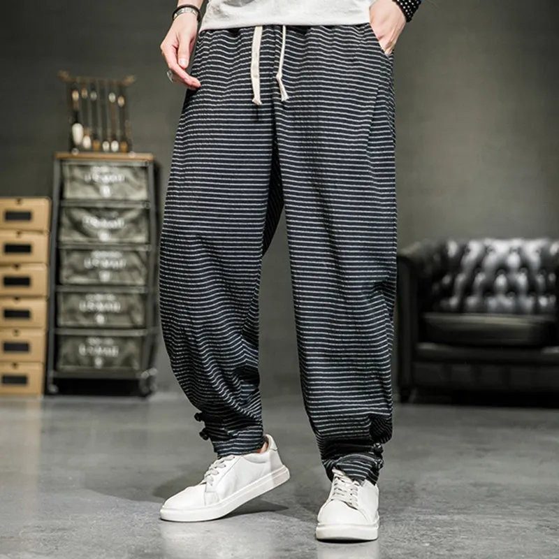 Cotton Linen Plaid Loose Casual Pants