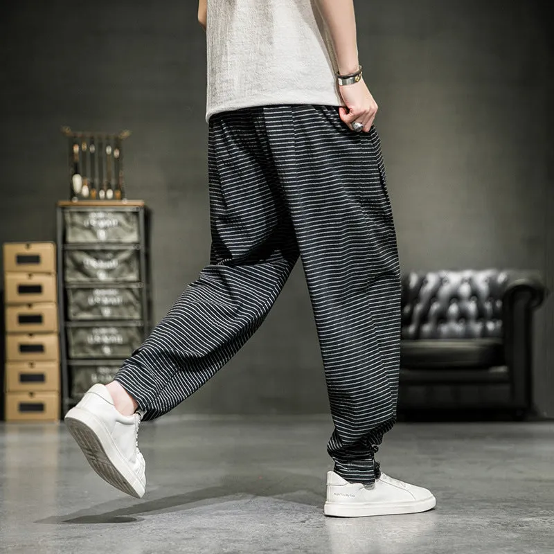 Cotton Linen Plaid Loose Casual Pants