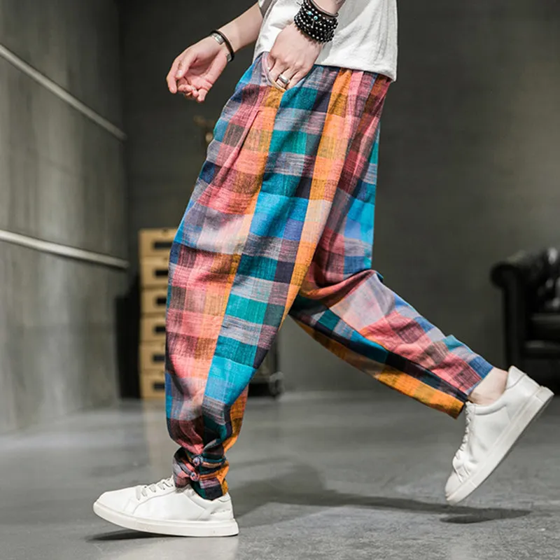 Cotton Linen Plaid Loose Casual Pants