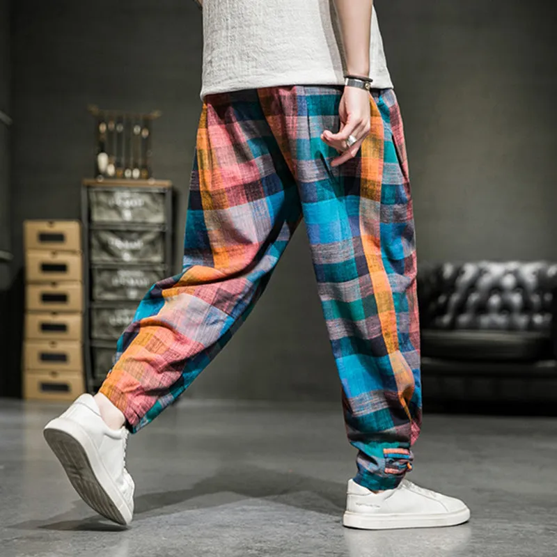 Cotton Linen Plaid Loose Casual Pants