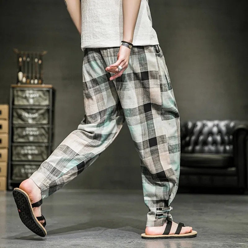 Cotton Linen Plaid Loose Casual Pants