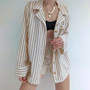 Cotton Striped Long-Sleeve Top Shorts Two-Piece Suit