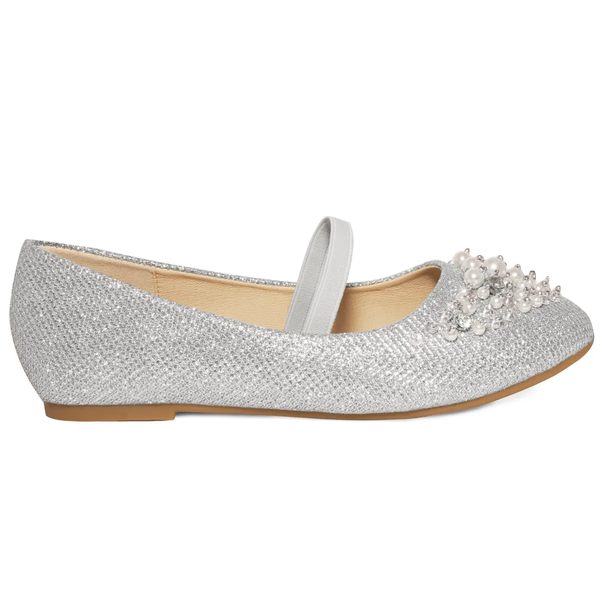 DAHLIA KIDS PEARL & DIAMANTE EMBELLISHED FLATFORM SHOES IN SILVER