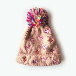 Harriet Embroidered Hearts Kids Beanie - Peach (Age 3-6)