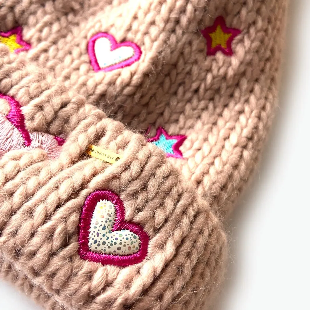 Harriet Embroidered Hearts Kids Beanie - Peach (Age 3-6)