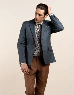 Hawker Mens Teal Blue and Brown Checked Blazer