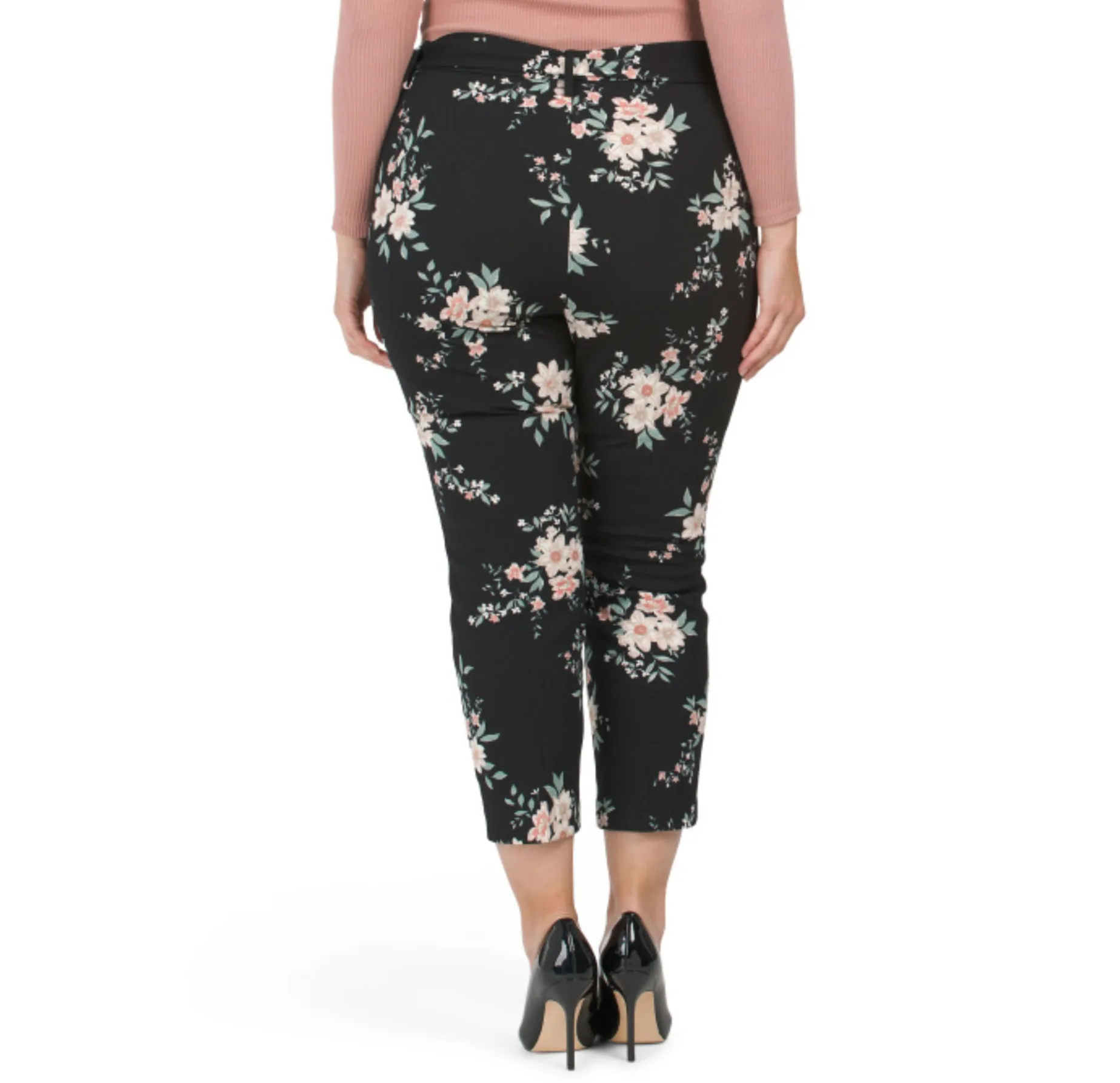 J&L WHITE Women's Plus High Rise Floral Print Techno Crepe Tie Belt Pull On Pants