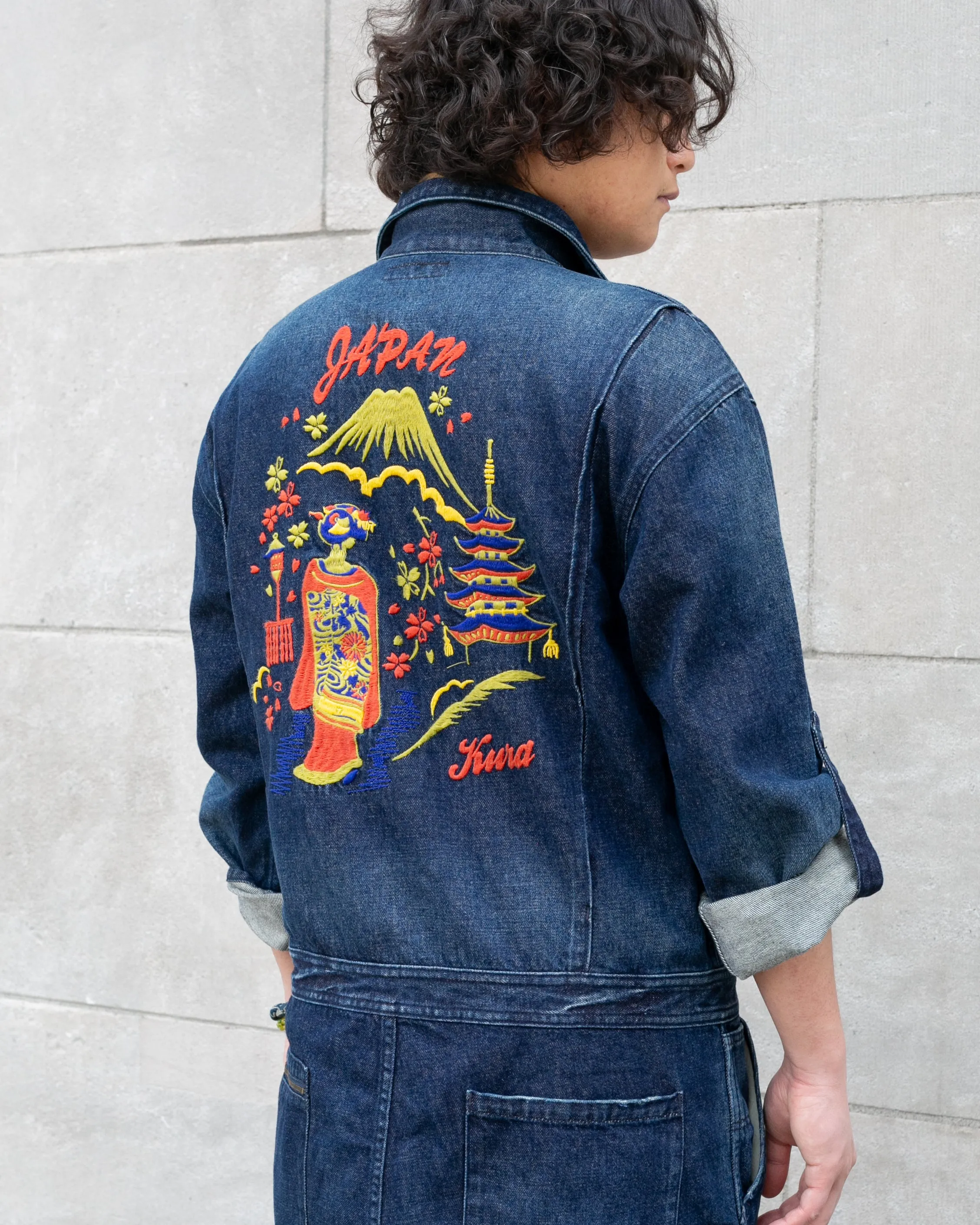 Japanese Repro Denim Mechanic Suit Coverall, Eternal Brand, Temple and Mt. Fuji - L