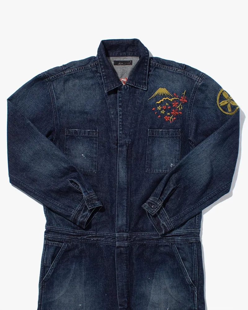 Japanese Repro Denim Mechanic Suit Coverall, Eternal Brand, Temple and Mt. Fuji - L