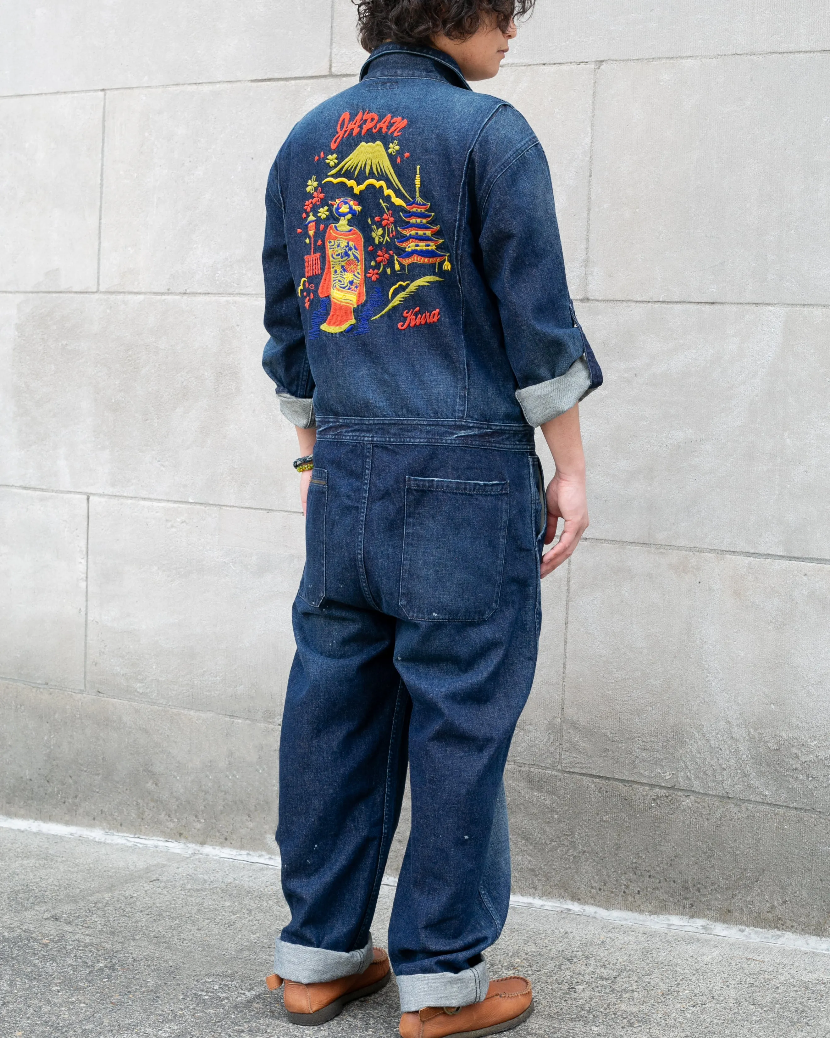 Japanese Repro Denim Mechanic Suit Coverall, Eternal Brand, Temple and Mt. Fuji - L