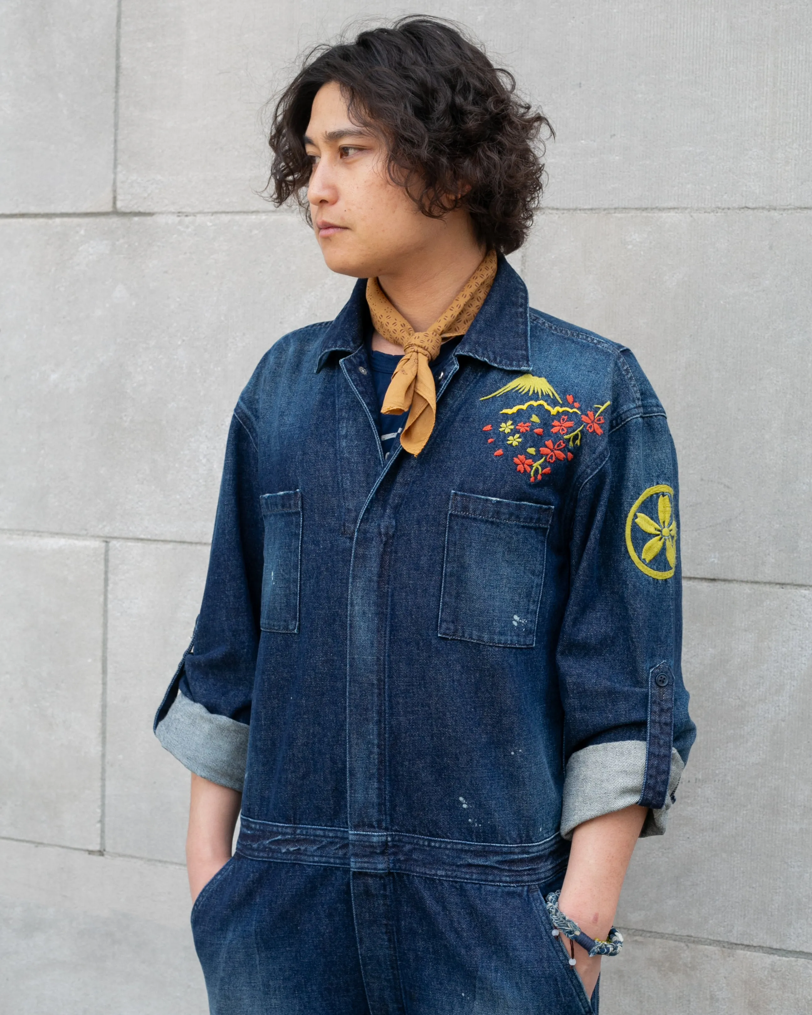 Japanese Repro Denim Mechanic Suit Coverall, Eternal Brand, Temple and Mt. Fuji - L