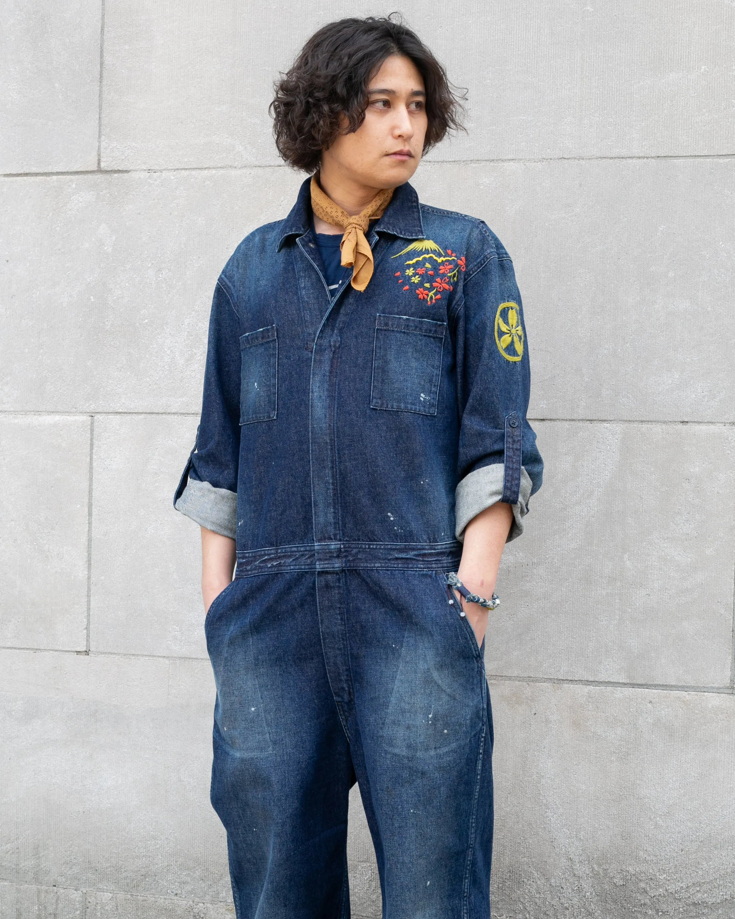 Japanese Repro Denim Mechanic Suit Coverall, Eternal Brand, Temple and Mt. Fuji - L