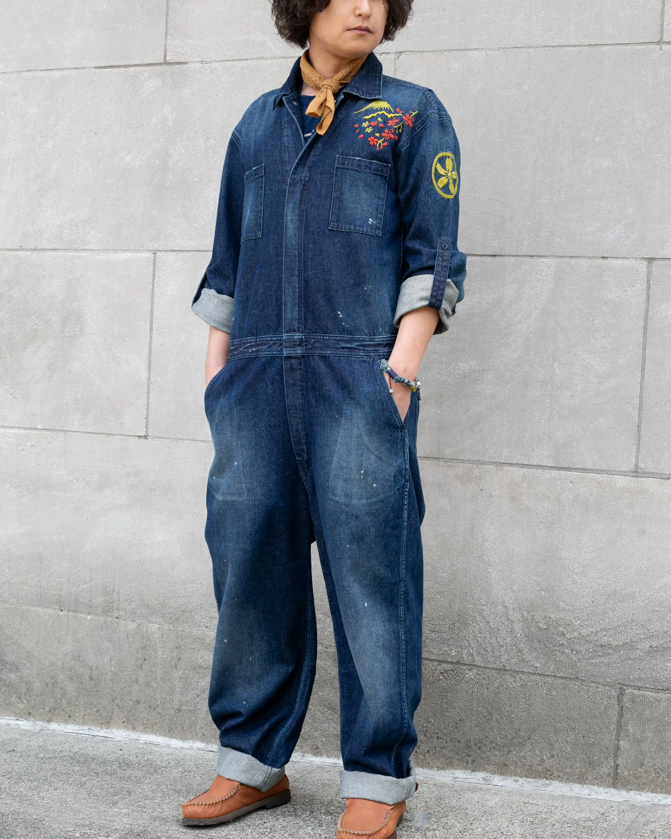 Japanese Repro Denim Mechanic Suit Coverall, Eternal Brand, Temple and Mt. Fuji - L