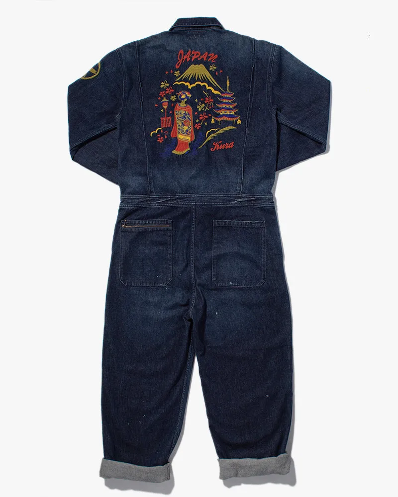 Japanese Repro Denim Mechanic Suit Coverall, Eternal Brand, Temple and Mt. Fuji - L