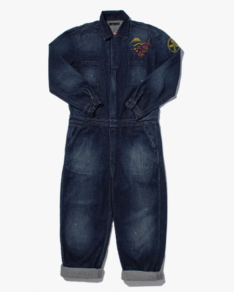 Japanese Repro Denim Mechanic Suit Coverall, Eternal Brand, Temple and Mt. Fuji - L