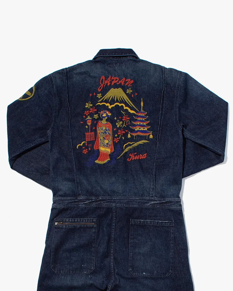 Japanese Repro Denim Mechanic Suit Coverall, Eternal Brand, Temple and Mt. Fuji - L