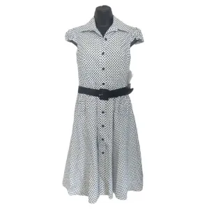 Nine West Daisy Dot Belted Cotton Button Dress Retro Black White