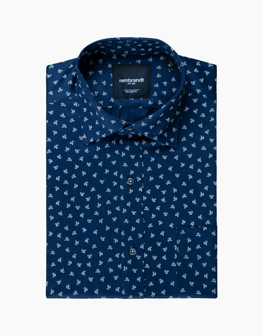 Sinatra Navy & Yellow Autumn Leaves Print Shirt