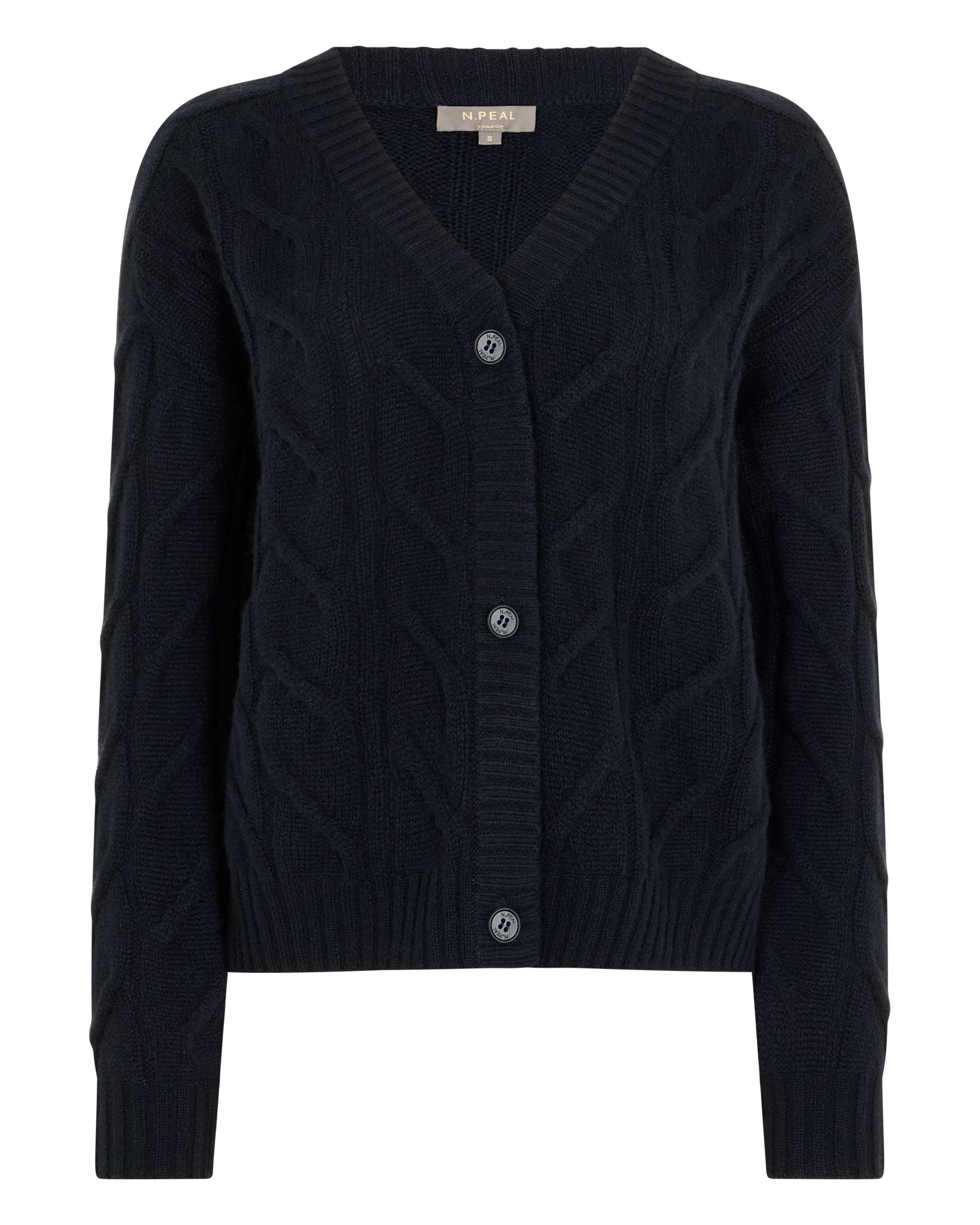 Women's V Neck Cable Cashmere Cardigan Navy Blue